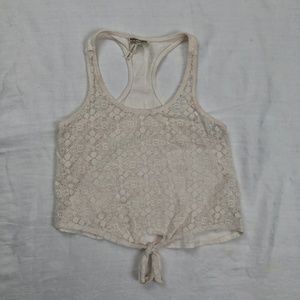 White lace razorback tank top with font tie